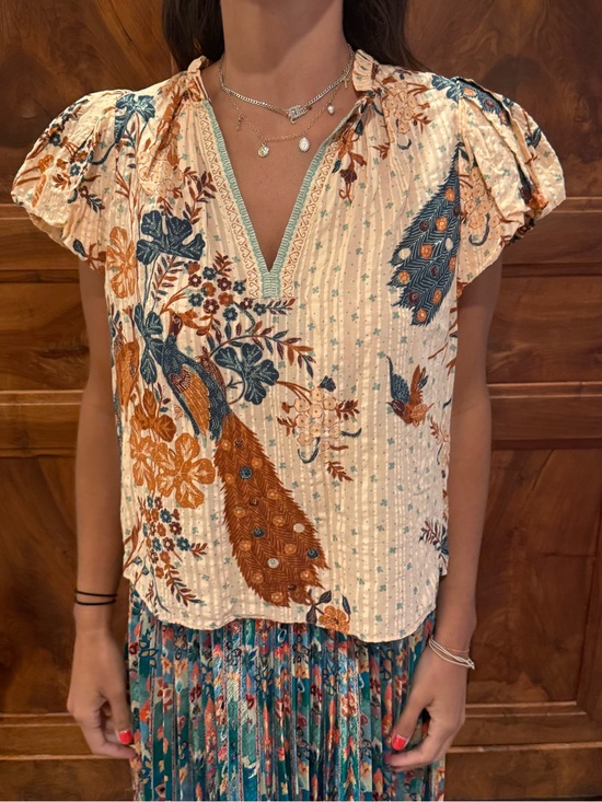 Ulla Johnson Tops - Ulla Johnson Cream Blouse with Teal and Rust Peacock Print